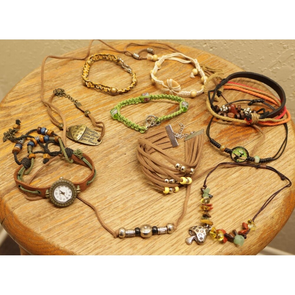 Boho Hippie Jewelry Lot 10 Pc Leather Cord Wood Bead Mushroom Watch Tree Life